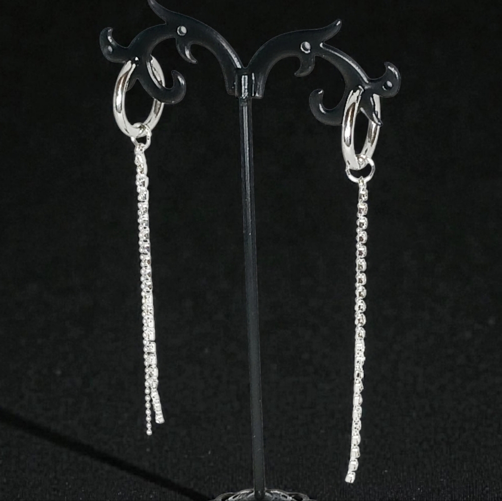 Silver Crystal Huggie Earring Set Rhinestone Chain Fringe Glam Luxe Bling Preppy - Picture 5 of 10